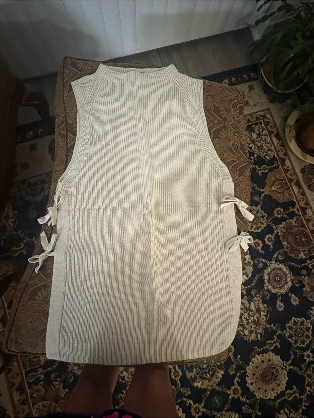 Talbots Cotton Cream Ribbed Sleeveless Tie-Detail Vest